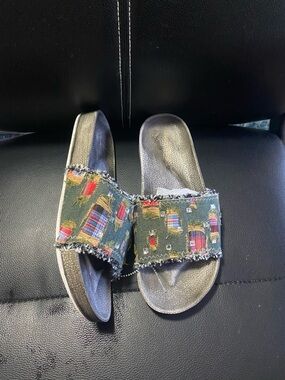NEW🎉 Henry Ferrera Frayed Plaid Pattern Slide Sandals Size 7